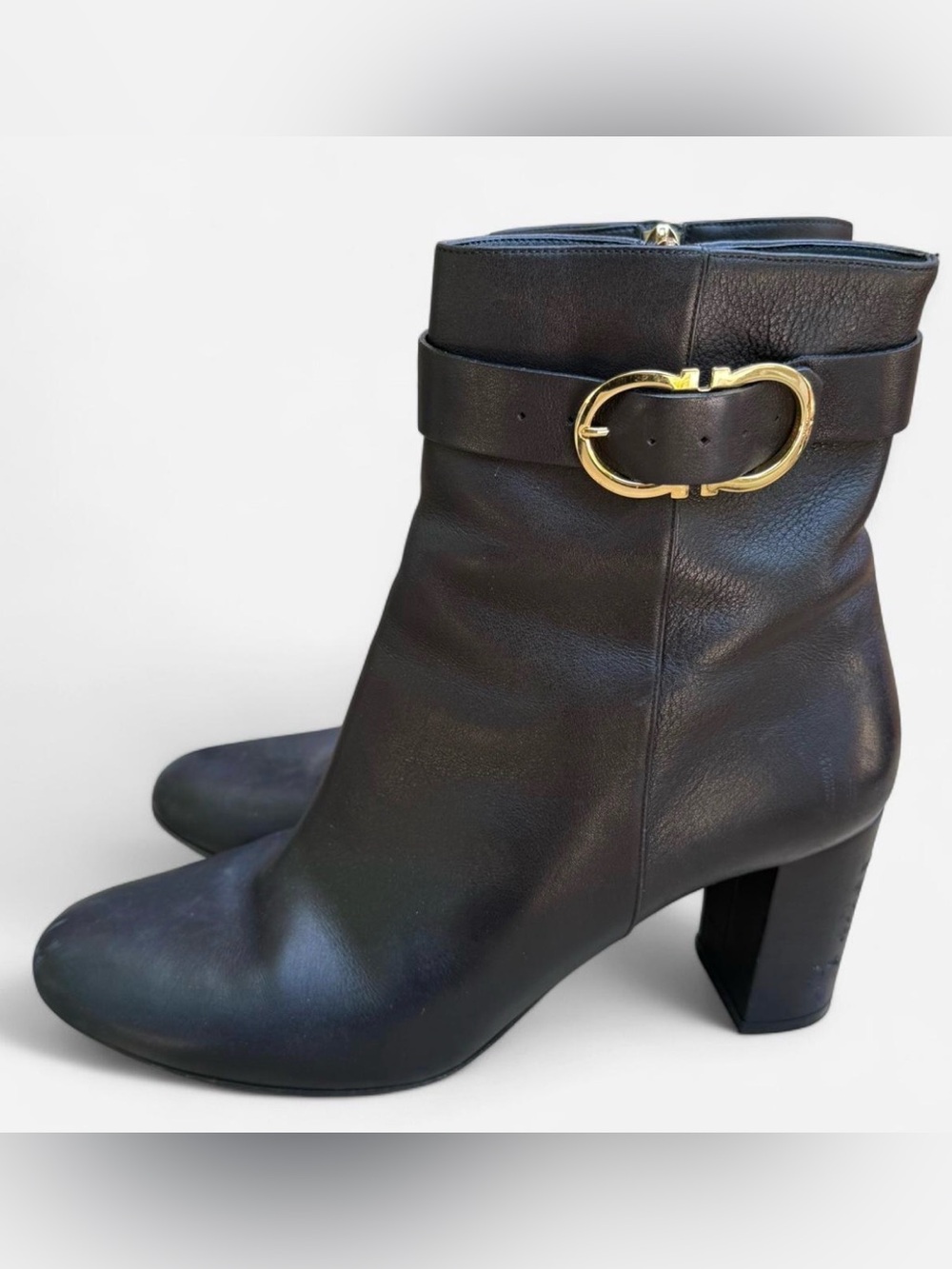 Salvatore Ferragamo Black Leather Ankle Boots with Gold Buckle